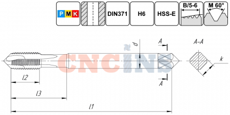 TSP1.M4х0,7.6H.DIN371.TiN.M35 Метчик М4х0,7 для сквозных отверстий, DIN371, с покрытием TiN
