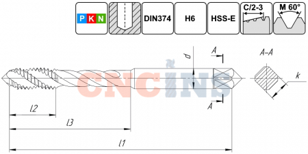 TSF1.M6х0,75.6H.DIN374.M35 Метчик М6х0,75 для глухих отверстий, DIN374, без покрытия
